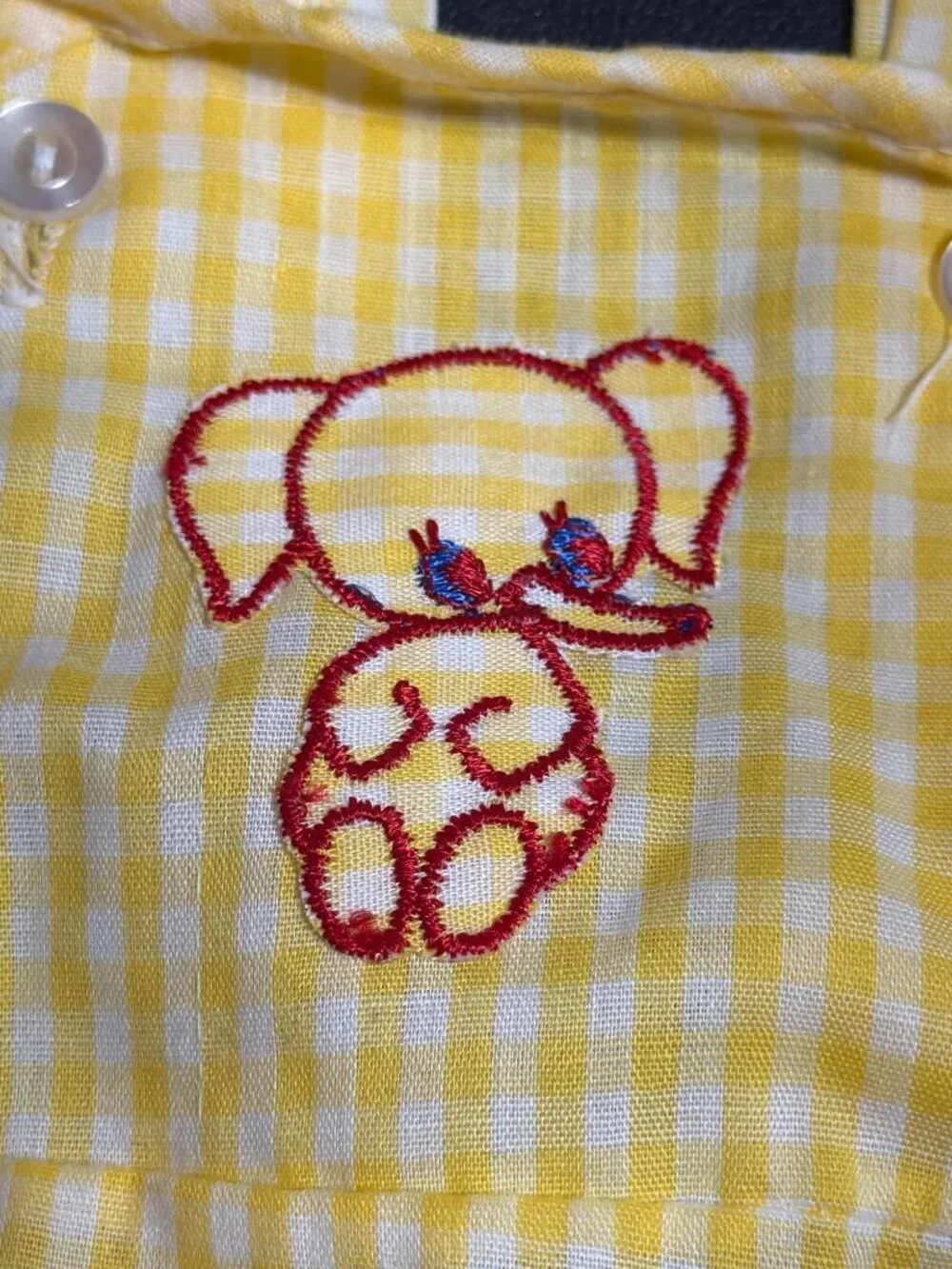 Vintage Sears Romper Yellow White Gingham Print Elephant Plastic Pants Sz S